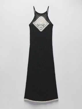 Zara Black Crochet Maxi Dress with Cream Crochet Detail